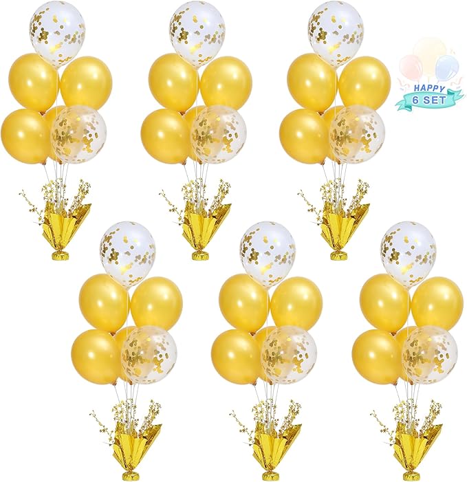 6 Set Gold Table Centerpiece Balloons Stand Kit with Gold and Confetti Balloons for Birthday Party Graduation Baby Shower Wedding Bridal Shower Prom Table Decorations