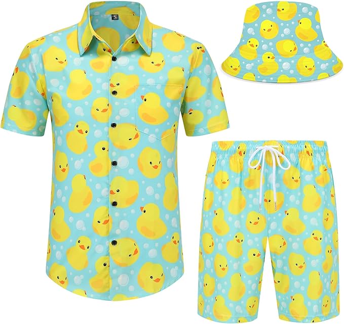 Mens Hawaiian Shirts and Shorts Set 2 Pieces Beach Outfits Sets with Bucket Hats