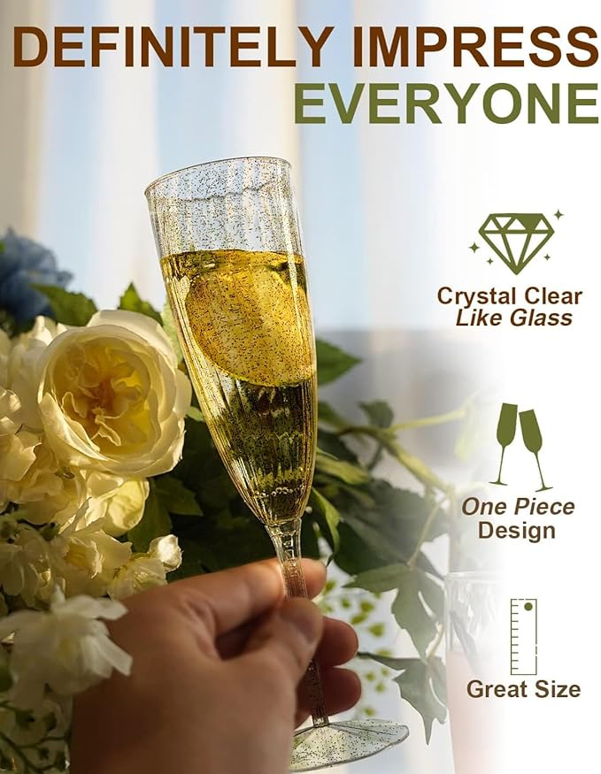 Plastic Champagne Flutes, 36 PCS Gold Glitter Disposable Wine Glasses Reusable Plastic Cocktail Cups for Home Daily Life Party Birthday Wedding Toasting Drinking Champagne(6 oz)