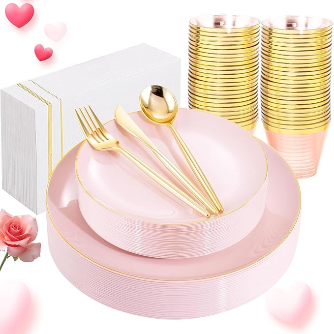 MirthMood 210PCS Pink Plastic Plates with Gold Rim – Plastic Plates Set Includes 30 Dinner,30 Dessert Plate,30 Cup&30 Napkins 90 Gold Silverware for Wedding&Birthday Parties&Valentine's Day