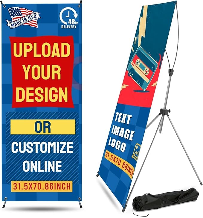 Custom Banner with X Stand 31.5" X 70.86", Banners and Signs Customize, Custom Retractable Banner with Travel Bag for Display, Store, Wedding, Graduation, Outdoor Indoor Events - Made in USA