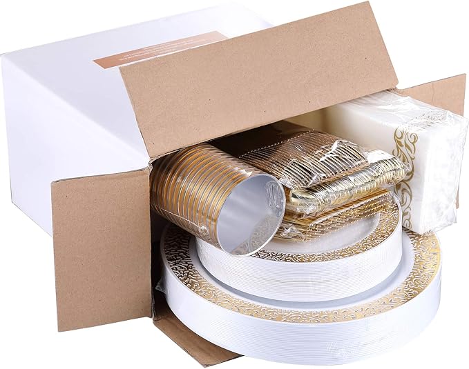 FOCUSLINE 175 Ct Gold Dinnerware Set for 25 Guests, Plastic Plates with Gold Lace Rim Design, Including 25 Disposable Dinner & Dessert Plates, Cups, Napkins, Cutlery Set