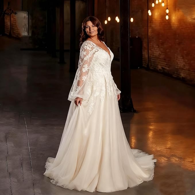 Plus Size Wedding Dresses for Bride Long Sleeve Wedding Bridal Gowns with Lace Appliques Off Shoulder Bride Dress
