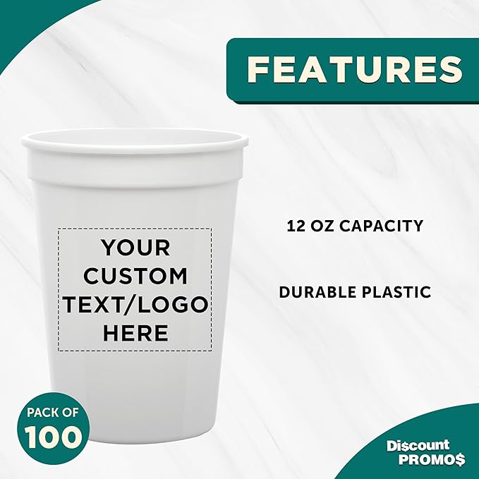 Custom Disposable Plastic Cups 12 oz. Set of 100, Personalized Bulk Pack - Perfect for Summer, Sporting Events, Birthdays, Weddings, Picnic, Beach, Parties - White
