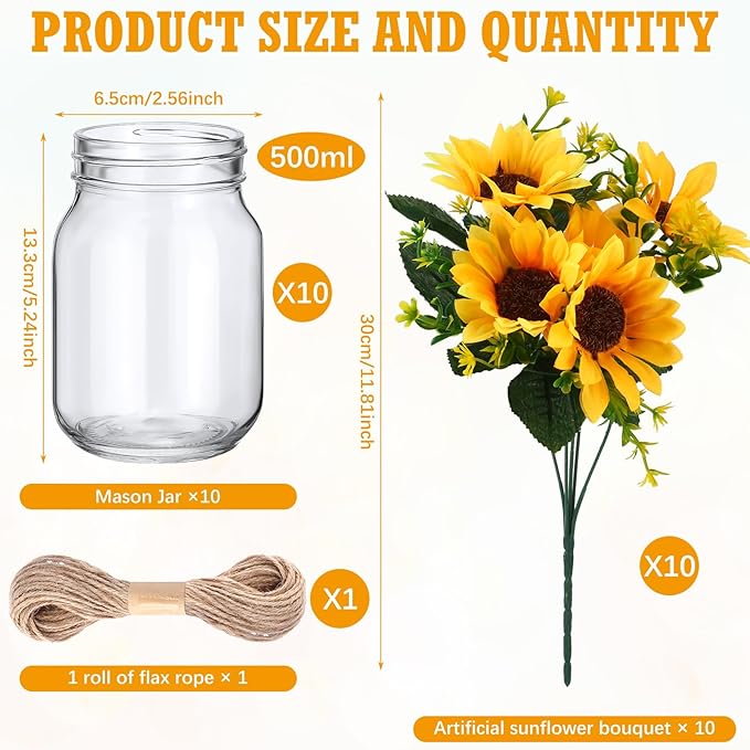 XunYee 10 Set Mason Jar Table Centerpiece with Flower Mason Jar Flower Centerpiece Vases Decor for Engagement Party Bridal Shower Centerpieces Wedding Reception Table Decor(Sunflower)