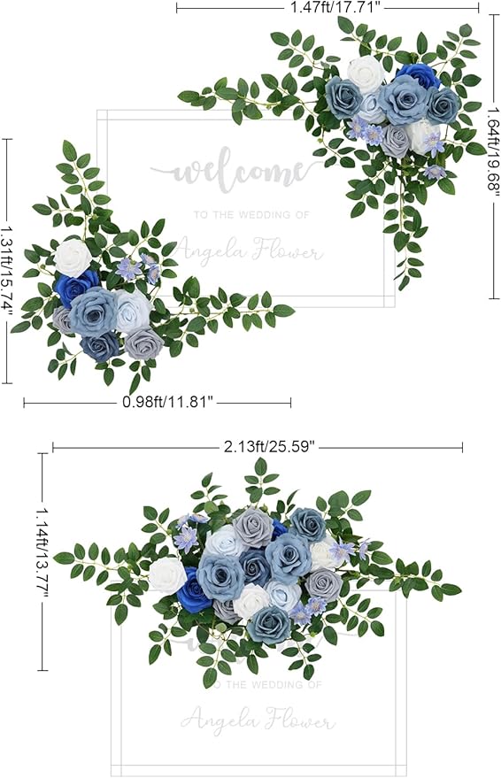 2pcs Blue & Grey Deluxe Welcome Sign Artificial Flowers Wedding Backdrop Garland Hanging Floral Arrangements for Ceremony Reception Entryway Board Sweetheart Table