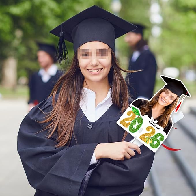 Personalized Graduation Face Fan 2026 Grade Custom Double Sided Face Cutout Fan with Handle Photo Booth Prop Party Supplies(B-Light Green and Gold,12pcs)