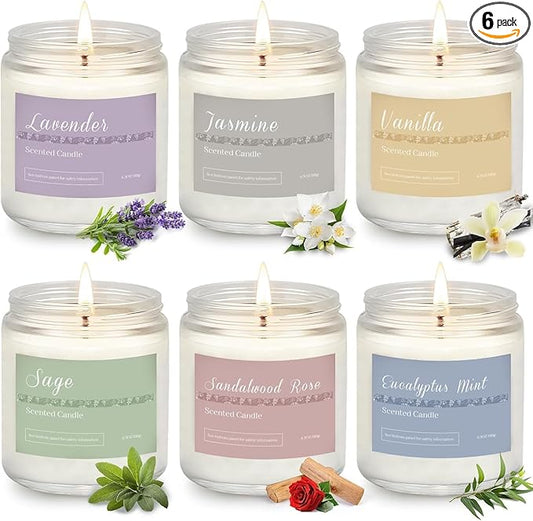 6 Pack Scented Candles Gift Set, Long Lasting Aromatherapy Candles for Home, 37.8 oz 300 Hour Burn, Lavender Jasmine Vanilla Sage Sandalwood Rose Eucalyptus Mint, Gifts for Women