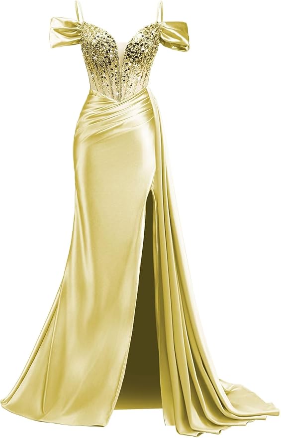 Rjer Off The Shoulder Satin Prom Dresses Long with Slit Tail 2026 Sequin Beaded Pleated Evening Ball Gown for Women Formal