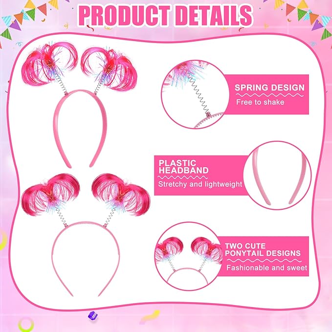 Hoteam 48 Pcs Pom Pom Headband Carnival Party Tinsel Wrapped Ponytail Head Bopper Costume Headwear Hair Accessories Women(Pink)