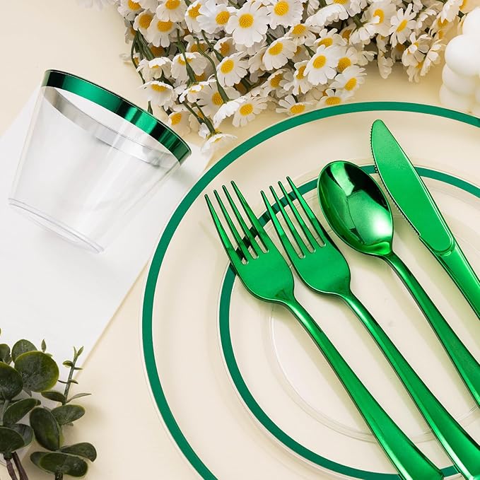 Beststar 350PCS Green and Clear Plastic Dinnerware Sets for 50 Guests, Include 100 Green Disposable Plates, 100 Forks, 50 Knives, 50 Spoons, 50 Cups