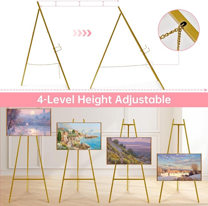 Gold Easel Stand for Sign–Adjustable Floor Heavy Duty Metal Display Easel for Wedding Signs, Art, Posters, Pictures Welcome Signs 4-Tier Height Commercial Display Easel for Parties & Galleries