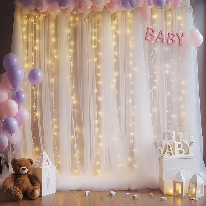 30x8ft White Tulle Backdrop Curtain with Lights String for Parites, Sheer Photo Backdrop Curtains with Lights for Wedding Backdrop Ceremony Reception Bridal Shower Baby Shower Birthday Party