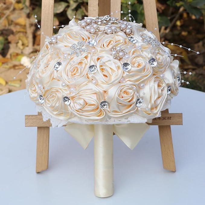 Bridal Wedding Bouquet for Bride Bridesmaid Wedding Quinceanera Throw Toss Artificial Rose Flower Bunch with Bling Brooch (6C#Apricot, Medium (Dia. 8.7"/22cm))