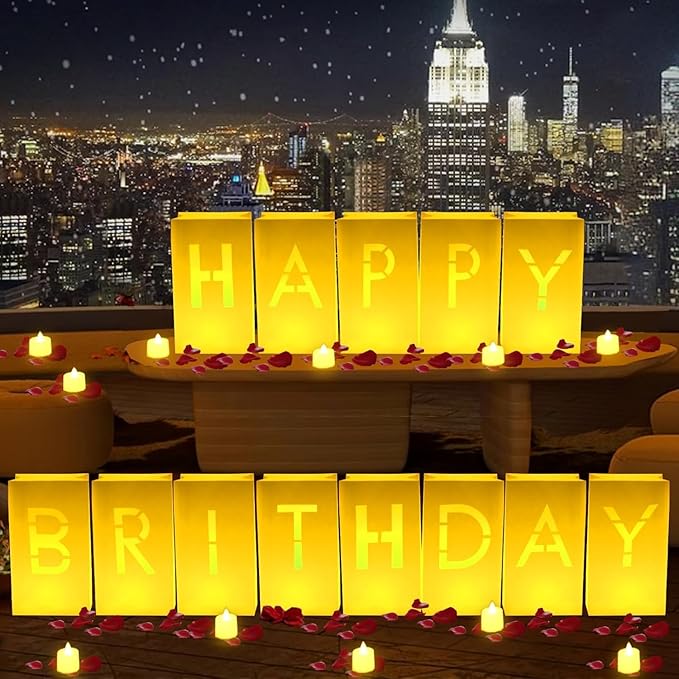 Happy Birthday Decorations for Women Men Girls Light Up Sign Luminary Bags Letters with 2000PC Rose Petals and Candles kit, Happy Birthday Banner for Room Party Decorations, Surprise Gifts Banner