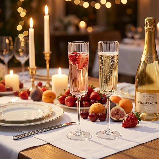 36 Pack Clear Plastic Champagne Flutes - 6oz Ribbed Disposable Champagne Glasses - Clear Vintage Mimosa Glasses with Long Stem - Elegant Sparkling Wine Stemware for Wedding, Party