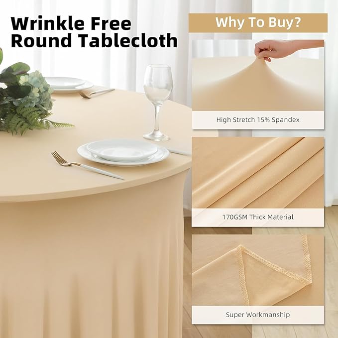 8 Pack Champange Spandex Round Tablecloths for 60 inch Tables,120inch Fitted 5FT Stretchy Round Table Cloth,Wrinkle Free Spandex Table Cover with Ruffle Skirtfor Wedding Party Dining Banquet
