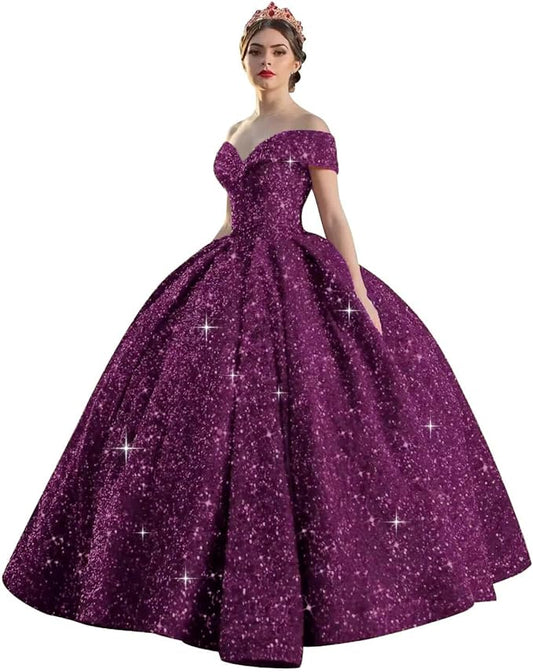 Quinceanera Dress Long Ball Gown Sparkly Sequin Off Shoulder V Neck Prom Dresses