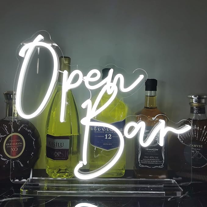 Open Bar Neon Sign Tabletop, Handmade White Wedding LED Neon Light with Stand for Wedding Reception, Engagement Anniversary Event Party Baby Bridal Shower Champagne Home Bar Table Sign - 15''