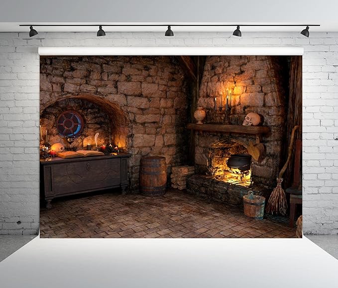 BELECO 20x10ft Fabric Spooky Cottage Backdrop Halloween Magic Room Kitchen Fireplace Magical Potion Books Candle Skulls Sorcerer Photography Background Witch Party Decorations Photo Props