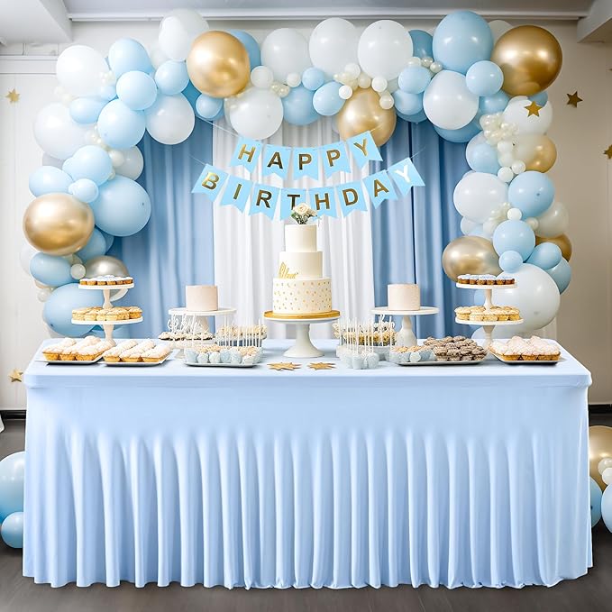 2 Packs Baby Blue Table Clothes for 6 Foot Rectangle Tables, One-Piece Wrinkle Resistant Stretch Spandex Table Covers with Skirt for Event Banquet Wedding Birthday Party