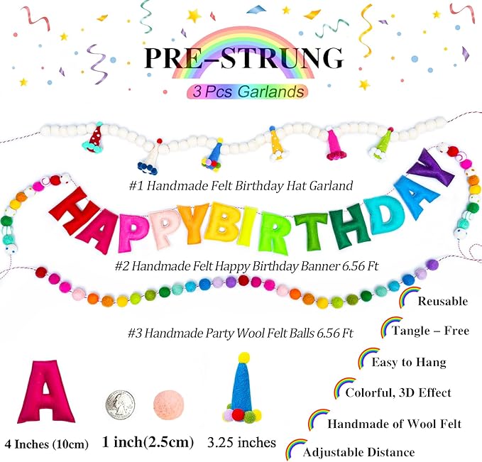 3Pcs Pre-Strung Reusable Happy Birthday Banner - Colorful Felt Ball Garland - Rainbow Party Decorations, Personalized Holiday Sign for Home Classroom Office Decor, Photo Prop Happy Birthday Sign for Kids Birthday Party (Birthday Banner + Felt Hat Garla...