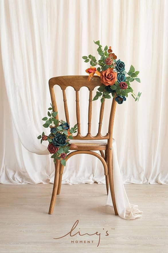 Ling's moment 2pcs Fall Wedding Artificial Floral Swag Welcome Sign Flowers Backdrop Garland Teal & Burnt Orange for Ceremony Reception Door Wall Home Decorations Entryway Outdoor Board Table Decor