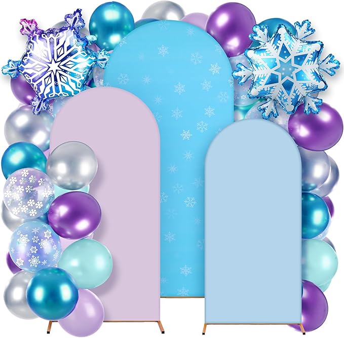 34 Pcs Winter Party Wonderland Decorations 4ft 5ft 6ft Snowflake Arch Backdrop Covers Wonderland Spandex Arch Backdrop Blue Purple Balloon for Winter Birthday Princess Themed Party Decor