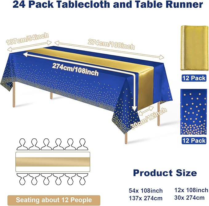 24Pack Disposable Plastic Tablecloths and Satin Table Runner Set Blue and Gold Dot Tablecloth Gold Satin Table Runner for Wedding Birthday Baby Shower Anniversary Christmas New Year Party Decorations