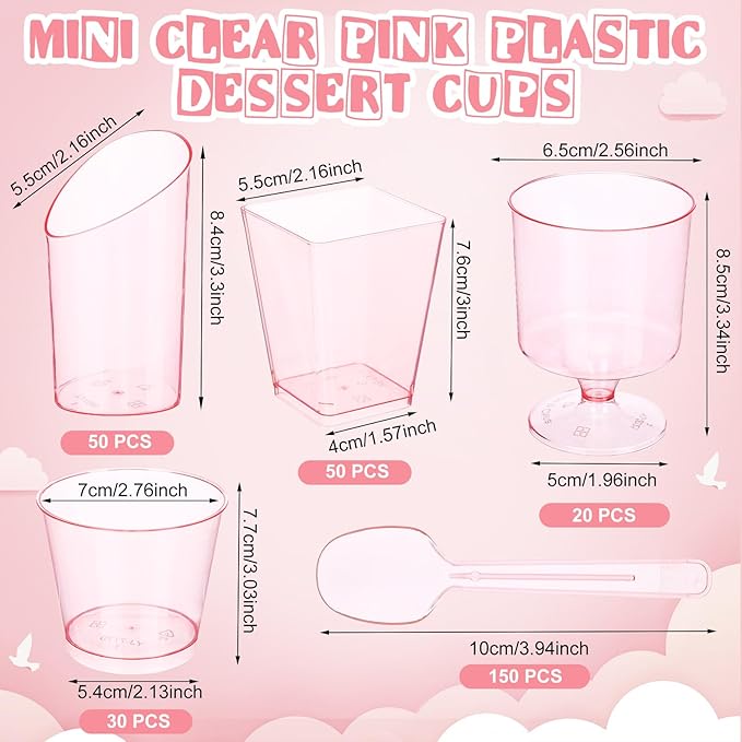 300 Pack Clear Pink Mini Dessert Cups with Spoons 5oz 3oz Plastic Square Slanted Parfait Appetizer Shooter Round Goblet for Valentines Day Dessert Table Party Pudding Ice Cream Cake Yogurt