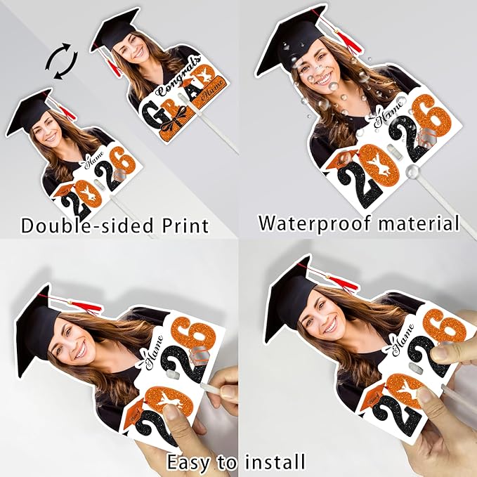 Personalized Graduation Face Fan 2026 Grade Custom Double Sided Face Cutout Fan with Handle Photo Booth Prop Party Supplies(B-Orange and Black,12pcs)