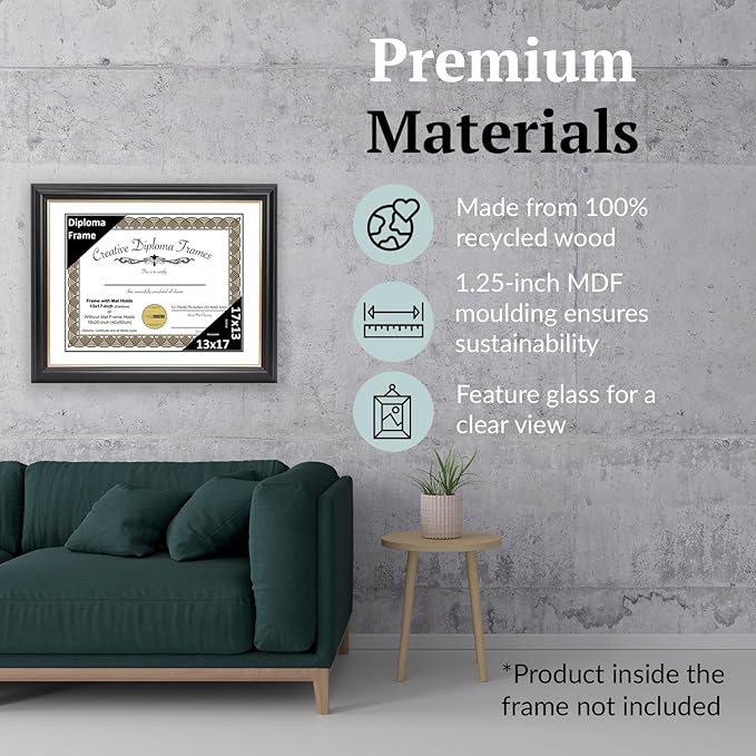 Creative Picture Frames 13" x 17" Rockefeller Black with Gold Rim Diploma Frame, Displays 13" x 17" Certificate or 16" x 20" Document without Mat, College Degree Frame, Full-Strength Glass, White Mat