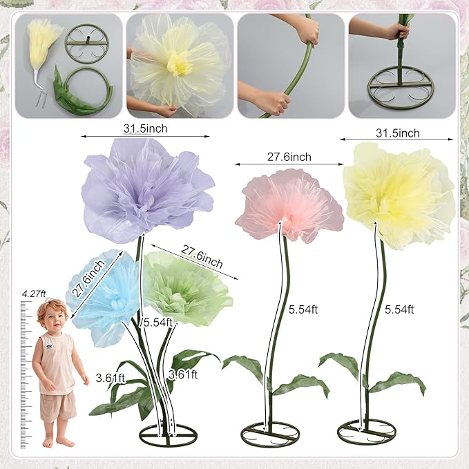 Leinuosen 5 Pcs Giant Flowers Decoration Large Organza Flowers with Stand Huge Poppy for Spring Tea Bridal Shower Wedding Birthday Party Entrance Decor Corporate Event Photography Booth Indoor Outdoor