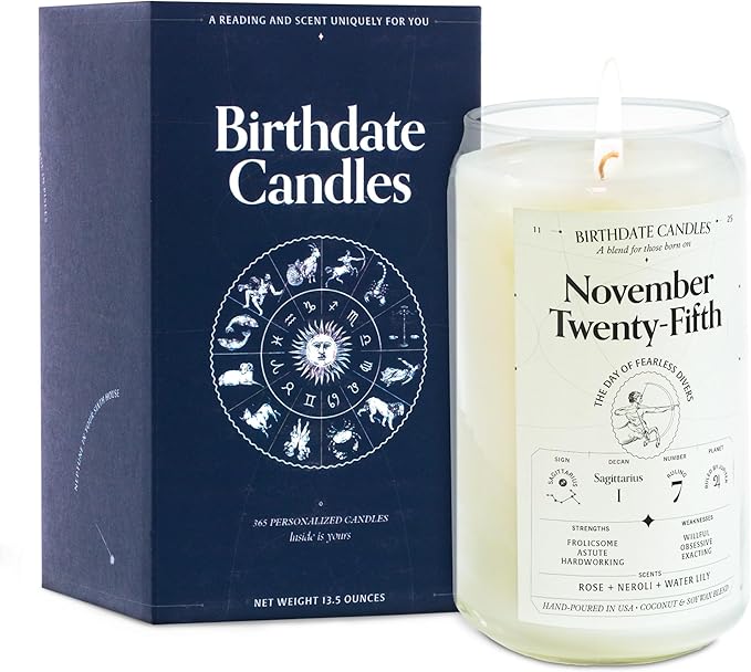 Birthdate Candles, November 25 - Sagittarius Zodiac Scented Candles Birthday Gift - Rose, Neroli & Water Lily Scent - All-Natural Soy & Coconut Wax, 60-80 Hour Burn Time - Made in USA