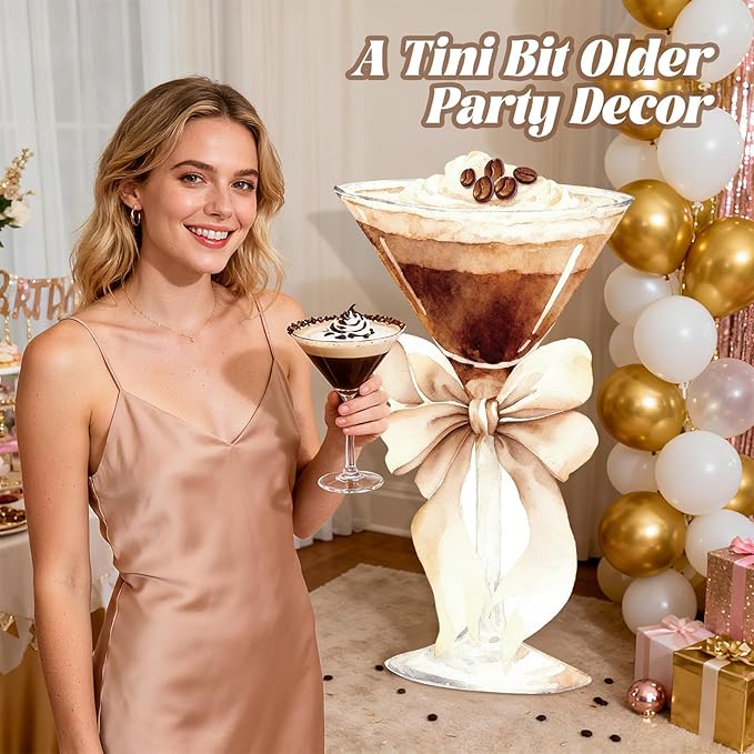 4ft Large Espresso Martini Cardboard Cutout A Tini Bit Older Birthday Standup Brown Bow Cocktail Glass Backdrop Decoration for Women Bar Bachelorette Bridal Shower Party Decor