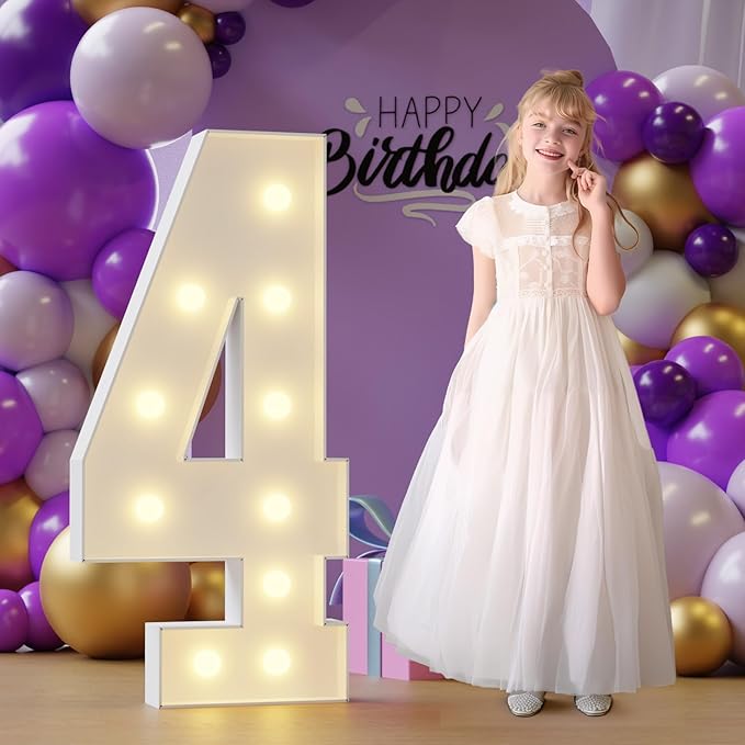 Marquee Numbers 4th-Birthday Large Decorations: 4ft Light Up Numbers Birthday Sign for Boy Girl Four Year Old Anniversary Mosaic Party Decor Backdrop Big Foam Board Number 4