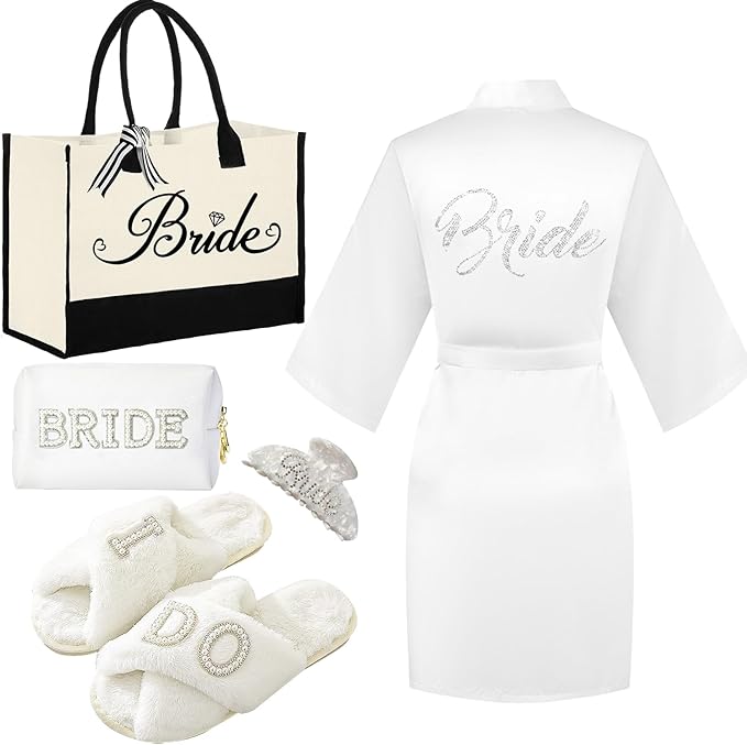 Bride to Be Gifts, Bridal Shower Gifts, Wedding Gift, Bride Tote Bag Makeup Bag Robe Slippers Hair Clip I Do Slippers Wedding Robe Cosmetic Bag
