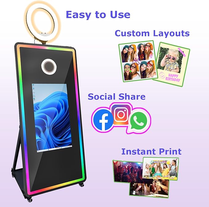 65 inch Mirror Photo Booth 32 inch Touch Screen Magic Mirror Photo Booth Machine Selfie Ring Light RGB LED Frame for Wedding Party Events Rental with Props Red Carpet Flight Case