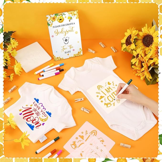 Panitay 126 Pcs Baby Shower DIY Bodysuit Set Bib 25 Blank White Newborn Bodysuit 25 Stencils 24 Marker 1 Sign 50 Pins(Bee)