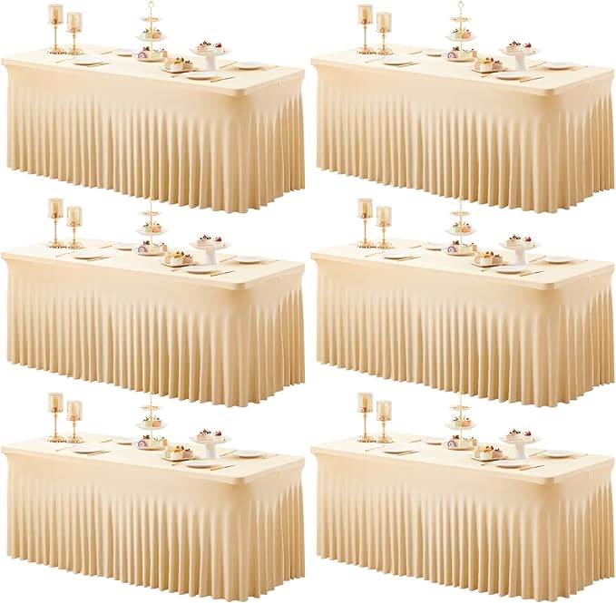 6 Packs Dark Champagne Table Clothes for 6 Foot Rectangle Tables, One-Piece Wrinkle Resistant Stretch Spandex Table Covers with Skirt for Event Banquet Wedding Birthday Party