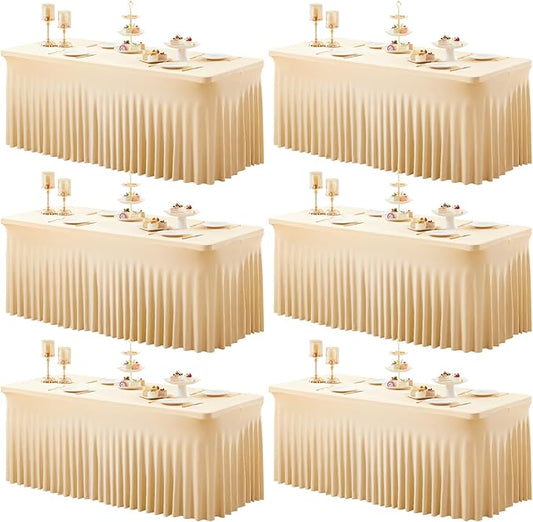 6 Packs Dark Champagne Table Clothes for 6 Foot Rectangle Tables, One-Piece Wrinkle Resistant Stretch Spandex Table Covers with Skirt for Event Banquet Wedding Birthday Party