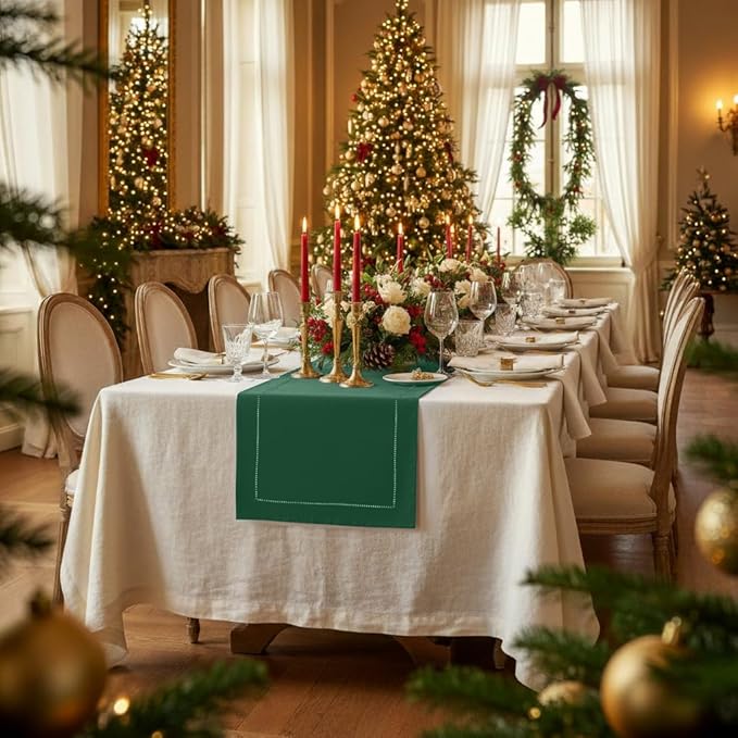 D'Moksha Homes Linen Forest Green Table Runner 144 Inches Long - 100% Pure Linen Extra Long Table Runner 14 x 144 Inch for St Patricks Day, Easter - Classic Hemstitch