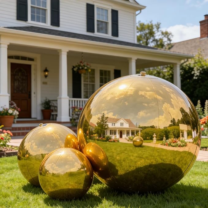 3 Pcs Gold Inflatable Mirror Ball, Big Shinny Mirror Balls Reusable Large PVC Disco Ball Balloon for Large Event Decoration, Party, Concerts, Stage, Wedding Decor, Without Air Pump