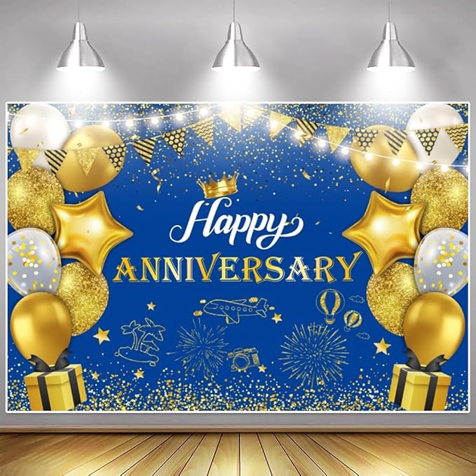 ChloropLastid Happy Anniversary Backdrop Blue Gold Anniversary Decorations for Party Banner 50th 60th Anniversary Birthday Wedding Supplies Photo Booth Props Background 12X8FT