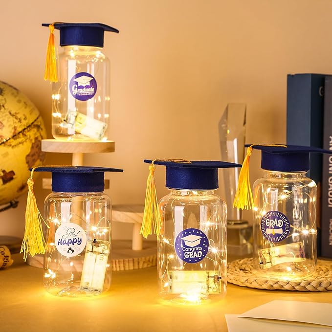 Boao 16 Sets Graduation Table Decoration Set with LED Light up Graduation Decorations for Class of 2026, Grad Jar, Felt Grad Hat and Stickers for High School College(Blue)