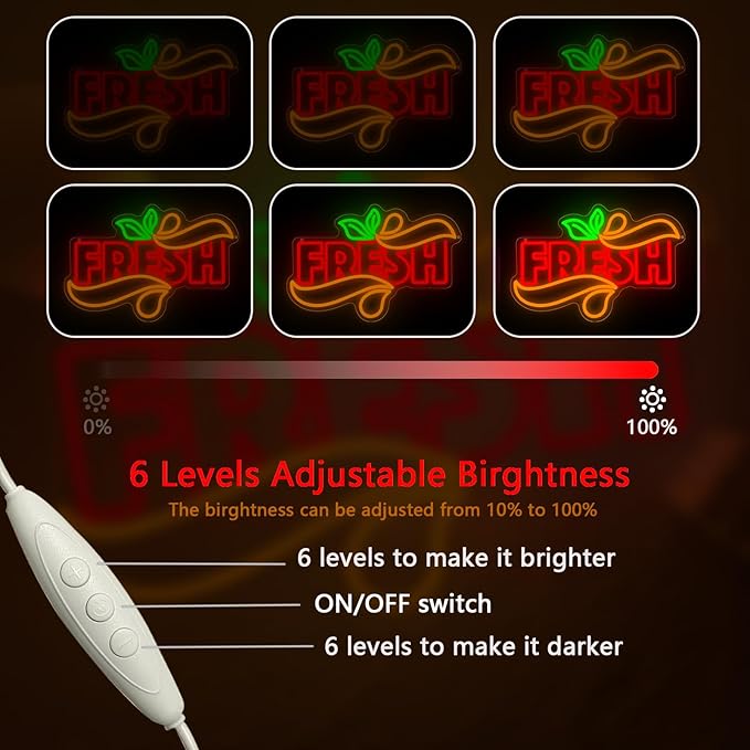 Fresh Neon Sign, Fresh Led Neon Light Signs for Wall Window Store Decor Fruit Store Business Light Up Sign for Fresh Produce Store Coffee Shop Light Bites Restaurant Dimmable USB Powered(16.9"*11.4")