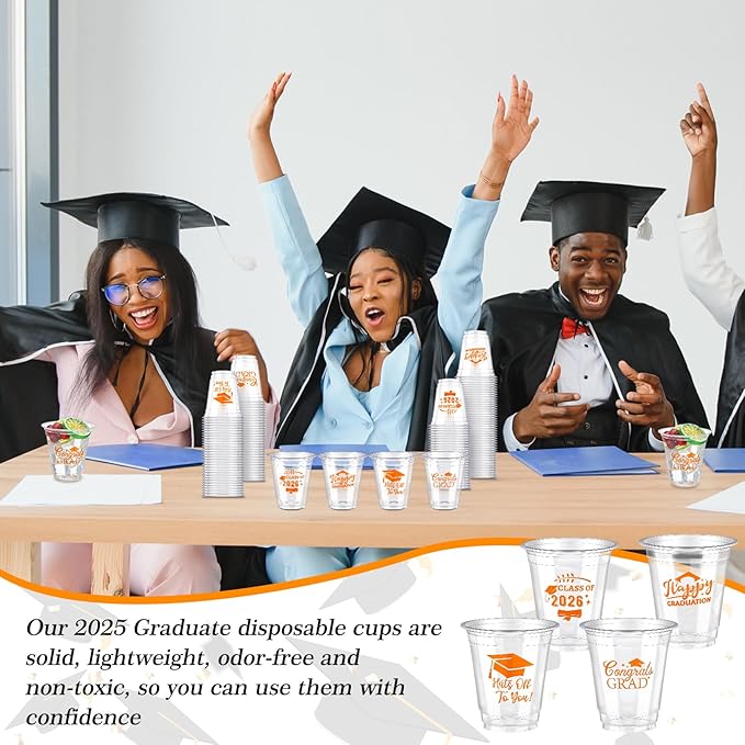 Eaasty 100 Pcs 12oz Graduation Cups 2026 Disposable Plastic Cups for Class of 2026 Graduation Party Congrats Grad Elegant Party Supplies Tableware Decorations (Orange)