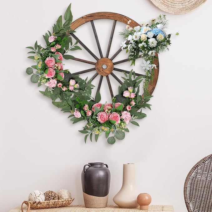 Tangkula 30" Decorative Wooden Wheels Set of 4, Decorative Wall Fir Wood Treated by Carbonization, Vintage Wagon Wheels for Garden, Bar, Restaurant Decoration (4 Pack)