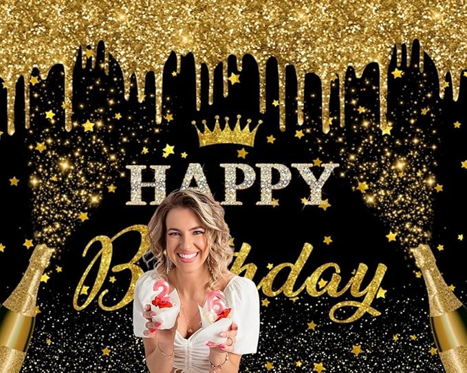 Black Gold Happy Birthday Backdrop Banner 10x8ft Glitter Black and Gold Happy Birthday Photography Background Happy Birthday Banner for Men Women Happy Birthday Party Backdrop