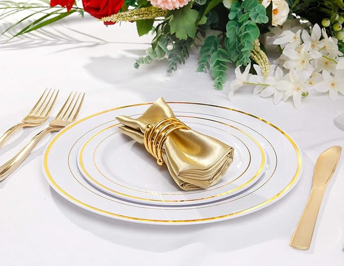 bUCLA 100Pieces Gold Plastic Plates -7.5inch White and Gold Disposable Salad/Dessert Plates - Ideal for Weddings, Party & Thanksgiving